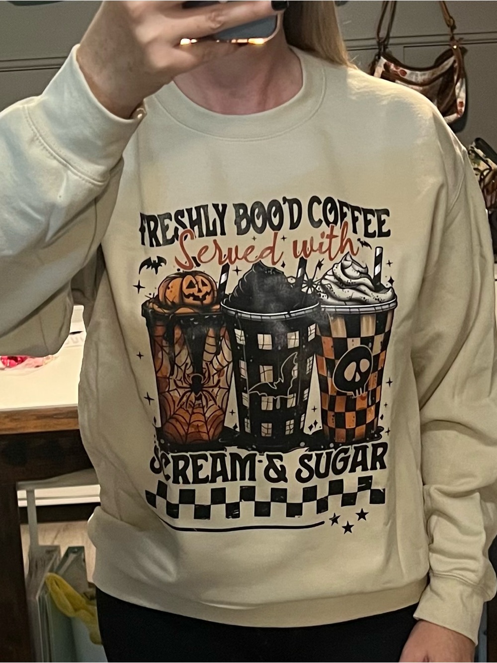Gildan Cream Halloween Graphic Sweatshirt with Black & Orange Print